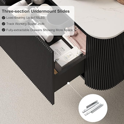 30" Floating Bathroom Vanity with Sink, Natural Solid Wood Modern Bathroom Vanities with Ultra-Thin Marble Bowl Shape Sink and Countertop, Soft-Close Design, Pre-Assembled Cabinet, Black