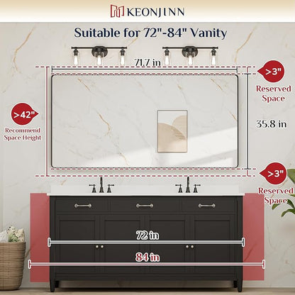 Keonjinn 72 x 36 Inch Black Bathroom Mirror for Over Sink, Tempered Glass | Sandblasted Finish, Matte Black Vanity Mirror, Anti-Rust, Seamless Aluminum Frame, Rounded Rectangle, French Cleat Mount