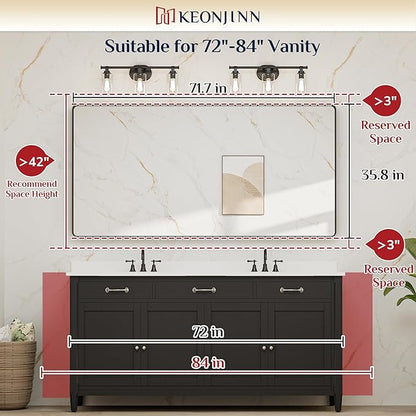 Keonjinn 72 x 36 Brushed Nickel Bathroom Vanity Mirror, Large Rounded Rectangle Bathroom Mirrors for over Sink, Metal Framed Silver Mirror for Wall, Shatterproof HD Tempered Glass(Horizontal/Vertical)