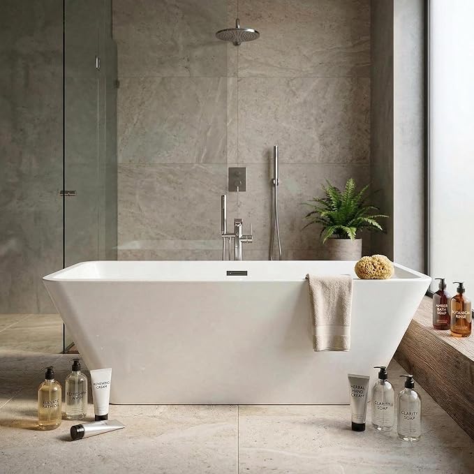 66" Acrylic Freestanding Soaking Tub, Contemporary Design Bathtub, Chrome Overflow & Drain, Easy Installation for Modern Bathroom, White