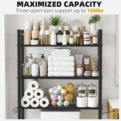 3-Tier Over Toilet Storage with Anti-Tilt Safety System - 150lb Total Capacity Metal Bathroom Shelves Including Paper Holder & 4 Hooks, Space Saving Above Commode Organizer (64" H, Black)