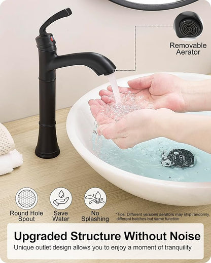 Brass Vessel Sink Faucet Black Single Handle, Tall Bathroom Faucets for Vessel Sinks 1 Hole with Pop-Up Drain, Pre-Installed Hoses, Removable Aerator