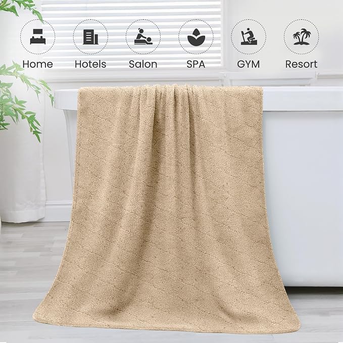JML Bath Towels, Pack of 4, 30"x60", Large, Camel | Hanging Loop, Super Soft, Absorbent, Lint Free, Fade Resistant, Lightweight, Quick Dry, Use for SPA , Sauna, Salon Hair Wrap