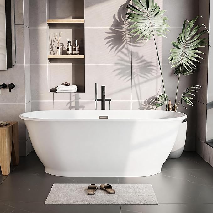 67" Oval Freestanding Bathtub, Acrylic Soaking Tub with Overflow, Matte Silver Drain, Modern Stand Alone Tub, Deep Free Standing Bath Tub for Bathroom, Hotel, Easy Install, CUPC Certified, White