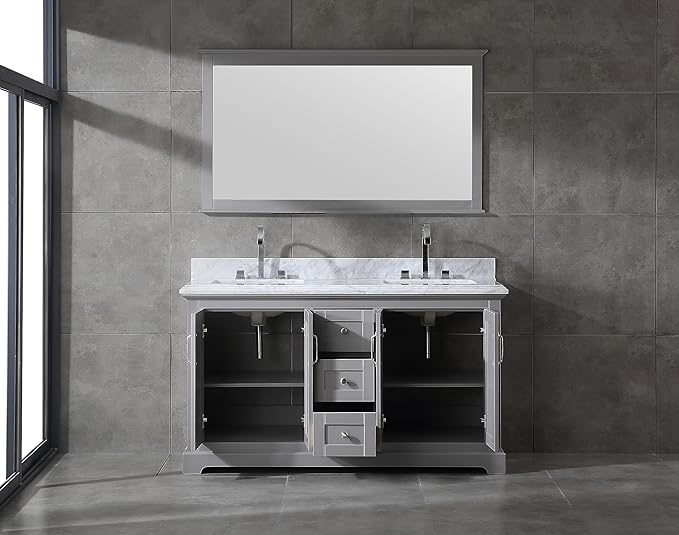 Mareo 60" Solid Wood Double Sink Bathroom Vanity | Marble Countertop & Backsplash | Soft Closing Doors & Drawers | Nickel Brushed Handles | Grey Cabinet & Undermount Ceramic Sink Top | Pre-Assembled