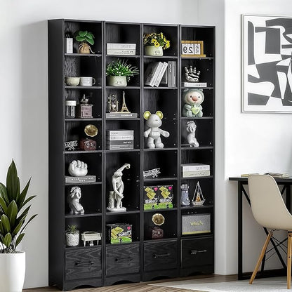 VECELO Tall Narrow Bookshelf with Drawer, 6 Adjustable Movable Shelves, Wood Space Saving Corner Storage Cabinet for Bathroom Bedroom, Sleek Black