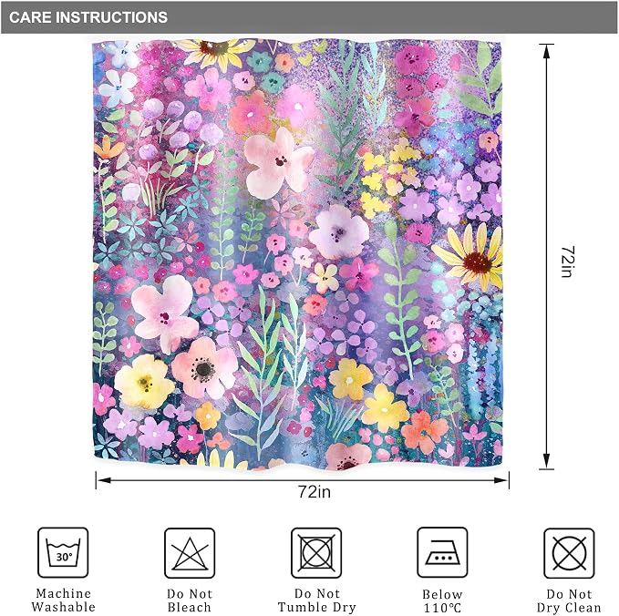 Purple Floral Boho Cute Wildflower Watercolor Bathroom Shower Curtain Set | 72"W x 72"H Leaves Botanical; waterproof HD print, quick-dry fabric with 12 hooks for easy hanging.