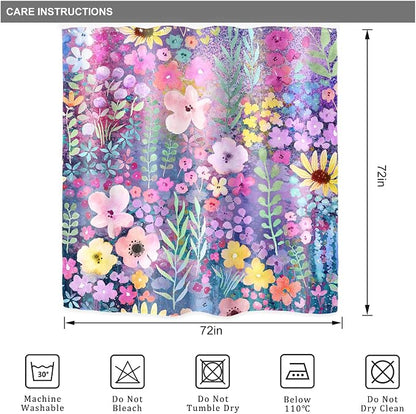 Purple Floral Boho Cute Wildflower Watercolor Bathroom Shower Curtain Set | 72"W x 72"H Leaves Botanical; waterproof HD print, quick-dry fabric with 12 hooks for easy hanging.