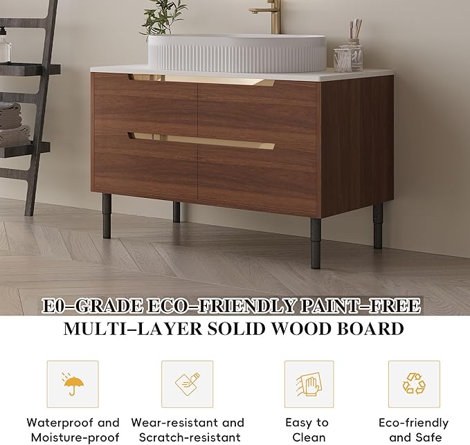 36" Modern Bathroom Vanity with Above Oval Sink, 2-in-1 Wall Mounted & Free-Standing Bathroom Vanity Cabinet with Sintered Stone Top & 4 Drawers, Walnut Wood Single Sink Bathroom Vanities