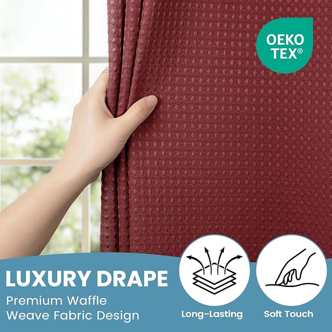 SORTTO No Hook Shower Curtain with Snap in Liner Set Waffle Shower Curtain for Bathroom Hotel Style Fabric Waterproof Inner Liner，71" W x 74" H, Burgundy