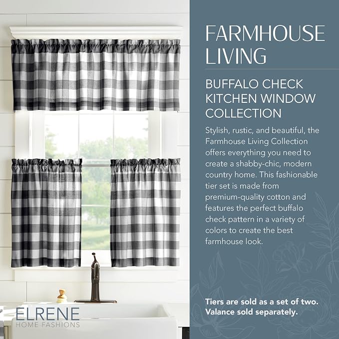 Farmhouse Living Buffalo Check Window Valance, Black/White - 60" W x 15" L