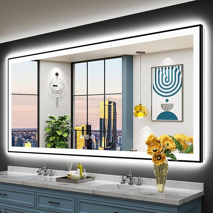 84x40 Black Framed LED Bathroom Mirror with Lights, Backlit and Front Lit Anti-Fog Lighted Vanity Mirrors for Bathroom Wall, Dimmable, 3 Colors, Memory, HD Tempered Glass, Horizontal/Vertical