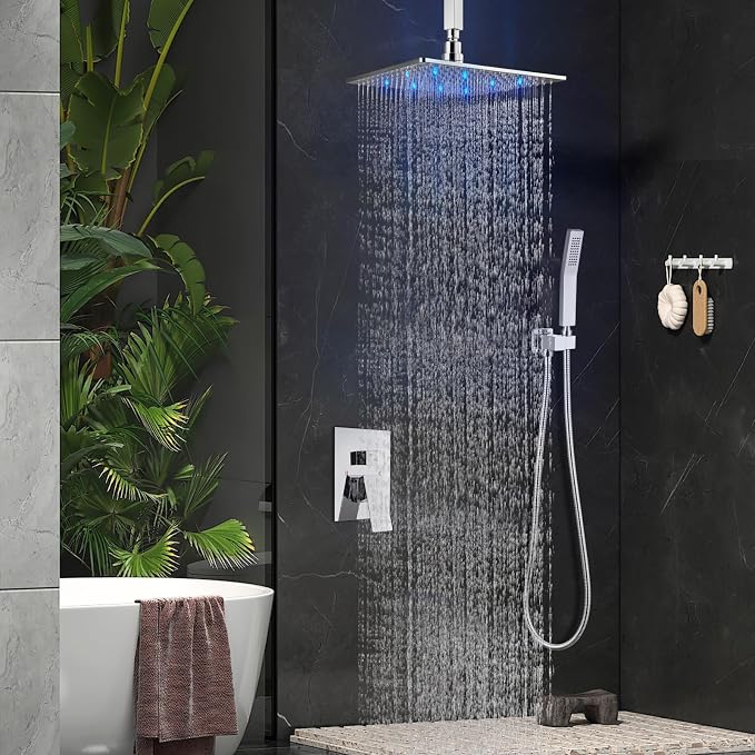 Aolemi Ceiling Shower Faucet Set with Handheld 10" LED Head Polish Chrome | Handheld Spray,10 Inch Rain LED Head,Shower Valve and Trim Kit,All Metal,Ceiling System,Bathroom Mixer