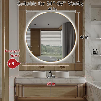Niccy Round LED Bathroom Mirrors, Gold Framed Backlit Vanity Mirror, 48" | LED Smart Circle Mirror with 3 Color Lighting, Anti-Fog Lighted, IP65 Waterproof, Wall Mounted Bathroom Vanity