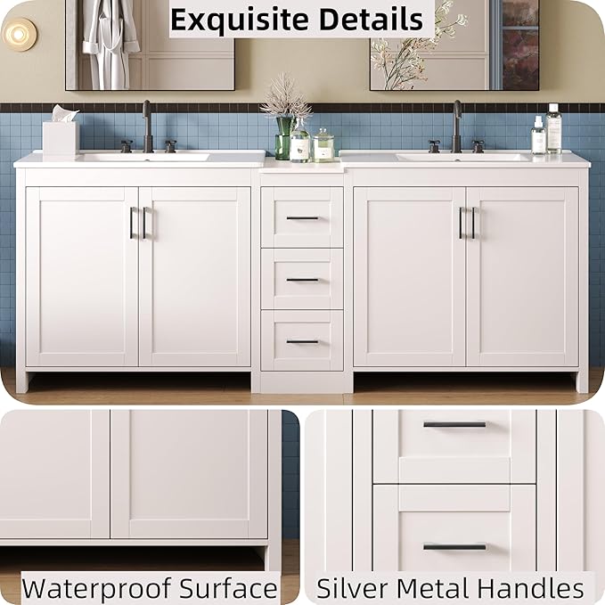 Merax 84 Inch Double Sink Bathroom Vanity with Quartz Countertop & Ceramic Basins, Bathroom Sink Vanity with Large Storage, Adjustable Shelves, 3 Drawers, Soft Close Hinges, Silver Handles, White