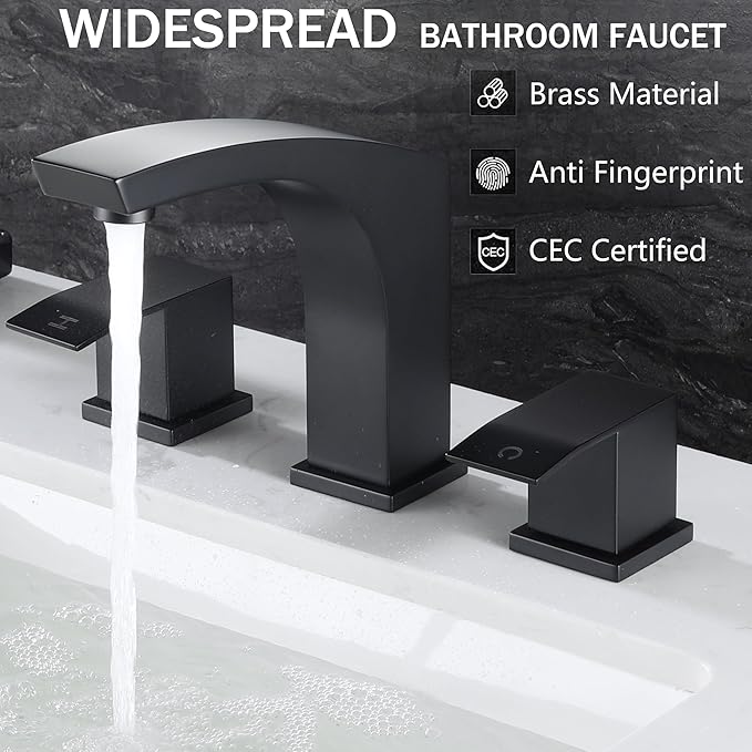 3 Hole Bathroom Faucet Matte Black, 2 Handle 8 inch Widespread Bathroom Sink Faucet with Pop Up Drain and cUPC Supply Hose, Black Bathroom Vanity Faucet 3 Hole WI37151BK