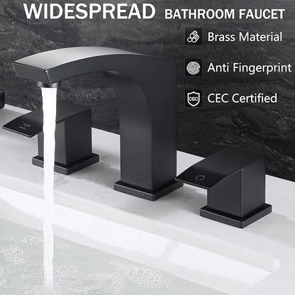 3 Hole Bathroom Faucet Matte Black, 2 Handle 8 inch Widespread Bathroom Sink Faucet with Pop Up Drain and cUPC Supply Hose, Black Bathroom Vanity Faucet 3 Hole WI37151BK