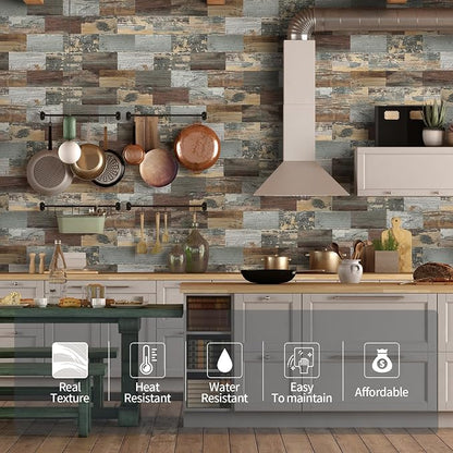 Yipscazo Peel and Stick backsplash 3 x 6 Inches 3D PVC Composite Wall Tile Stick on Backsplash Tile for Kitchen Bathroom, Laundry Room, Fireplace(Rustic Wood, 160 Pieces)