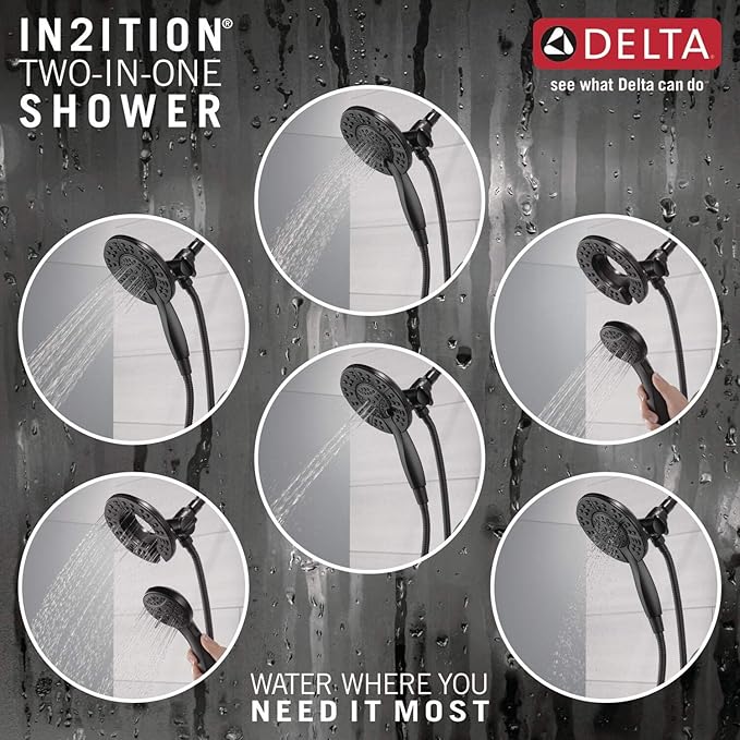 Delta Faucet Arvo 14 Series Single-Handle Tub and Shower Trim Kit, Shower Faucet with 4-Spray In2ition 2-in-1 Dual Hand Held Shower Head with Hose, Matte Black 144840-BL-I (Valve Included)