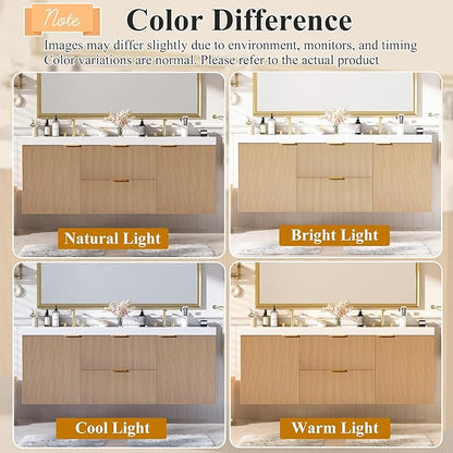 60" Bathroom Vanity with Sink Combo, Floating Double Sink Bathroom Vanity with SMC Resin Top, MDF Cabinet with Solid Wood Frame, Wall-Mounted Bath Room Vanities for Large Bathrooms, Wood
