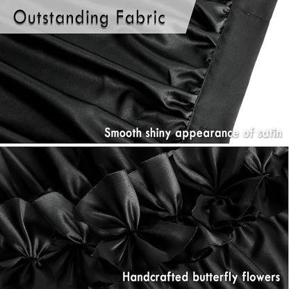 Black Ruffle Shower Curtain 60" W x 72" L Stall Size | Vintage Handcrafted Bow Tie, Ruched Satin Bathroom Curtain with 10 Buttonholes, Machine Washable and Dry Quickly (LQ-10)