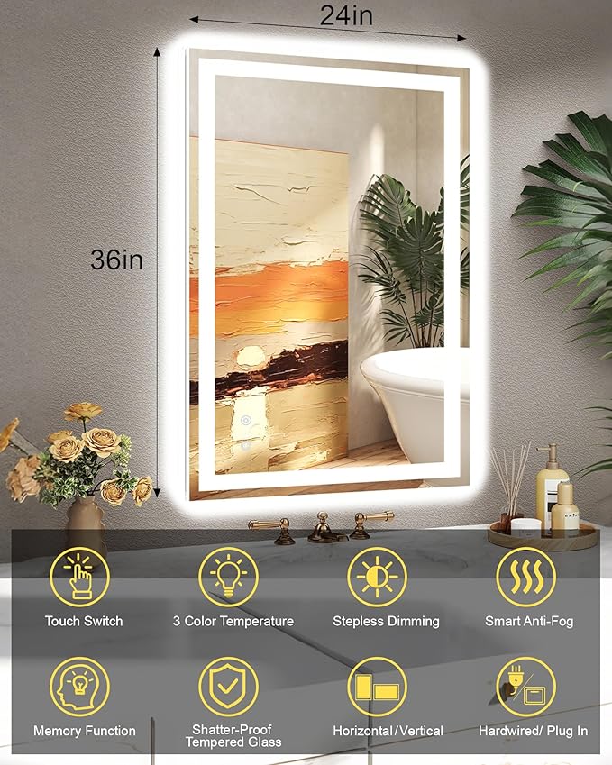 24x36 LED Bathroom Mirror, 6000LM, Separate Front and Back Lights | UL Certified,Shatter-Resistant Tempered Glass,Auto-Off Defogger,3 Color Modes,Smooth Dimming,Smart Memory Setting