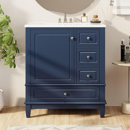 30" Bathroom Vanities Cabinet with Ceramic Sink Set Combo, Multi-Functional Storage Organizer Door Shelf, Three Drawers, Soft-Closing Door, Blue