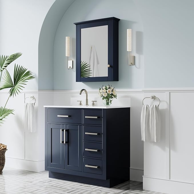 36-Inch Bathroom Vanity with Sink W/ 2 Doors & 4 Drawers & 1 Flip Drawer, Navy Blue Vanity W/Brushed Nickel Handles