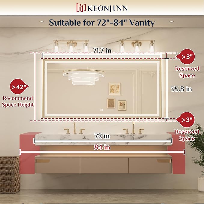 Keonjinn 72x36 Inch Gold LED Bathroom Mirror with Lights, HD Tempered Glass | Frontlit & Backlit, Large Lighted Bathroom Mirror, Beveled Edge, 3 Color Temperatures, Anti-fog, Stepless Dimmable