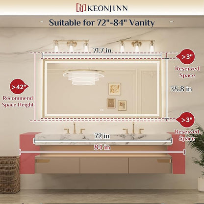 Keonjinn 72x36 Inch Gold LED Bathroom Mirror with Lights, HD Tempered Glass | Frontlit & Backlit, Large Lighted Bathroom Mirror, Beveled Edge, 3 Color Temperatures, Anti-fog, Stepless Dimmable