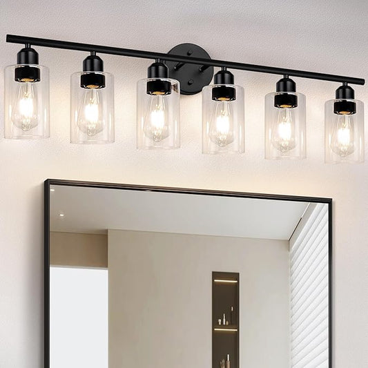 Espird 6 Lights Bathroom Vanity Light Fixtures Matte Black,Rustic Farmhouse Vanity Lighting Over Mirror Modern Industrial Lamp with Cylinder Glass Shade UL Certified