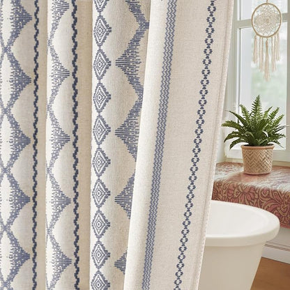 Navy Blue Shower Curtain,Boho Linen Fabric for Bathroom with Striped Print,72" W x 72" L