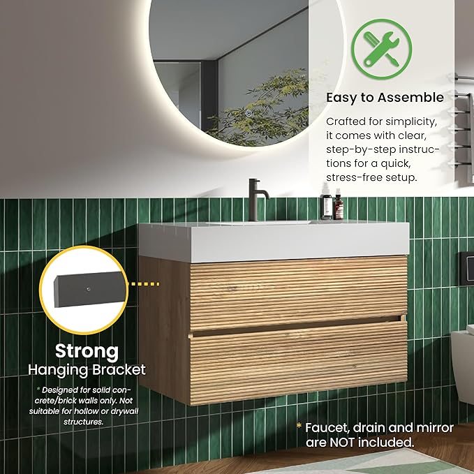 36 Inch Floating Bathroom Vanity with Sink, Modern Floating Bathroom Cabinet with 2 Soft-Closing Drawers, Large Storage for Powder Room, Apartment, Hotel, Rough Oak Finish, Fir Collection