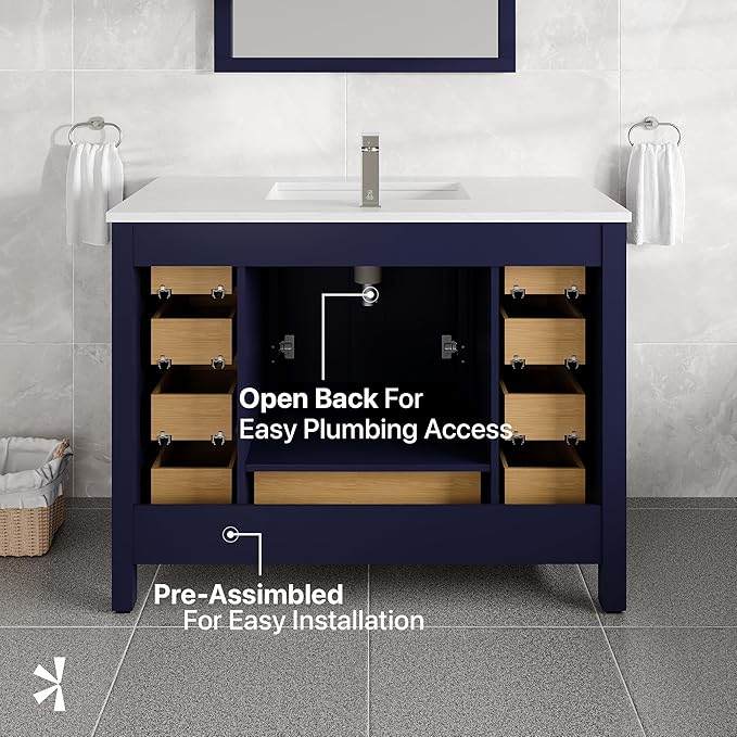 Eviva London 42 in. Blue Single Sink Bath Vanity with Carrara Quartz Top and Undermount Porcelain Sink
