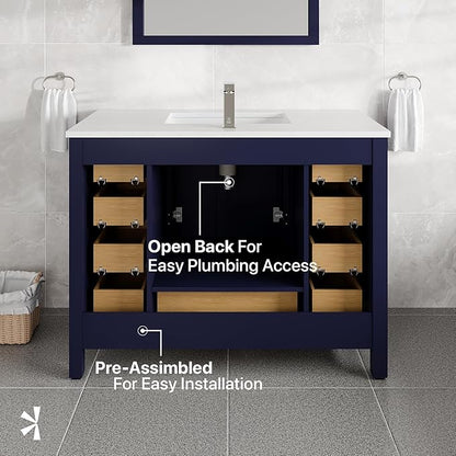 Eviva London 42 in. Blue Single Sink Bath Vanity with Carrara Quartz Top and Undermount Porcelain Sink