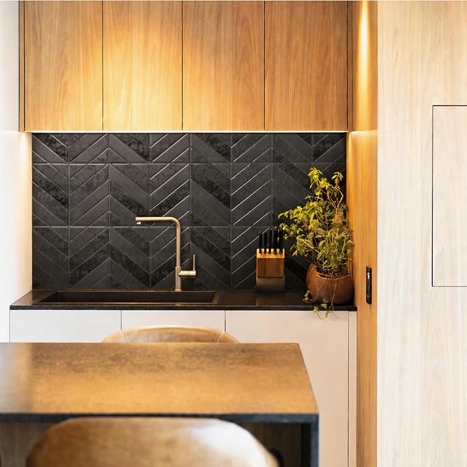 Smart Tiles Peel and Stick backsplash, Chevron Black, 11.43"x9" | Pack of 5 (3.5 sq ft), Matte & Glossy, Heat/Moisture Resistant, Low VOC, Kitchen/Bathroom, Renter Friendly, Made in Canada