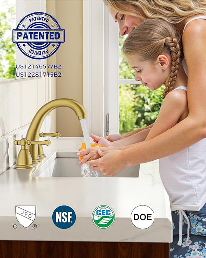 FORIOUS Brushed Gold Faucet for Bathroom Sink 3 Hole, 8 Inch Widespread Bathroom Faucet with Pop Up Drain and Water Hose Supply, 2 Lever Handles Design, for Commercial Vanity RV Lavatory Camper Sink