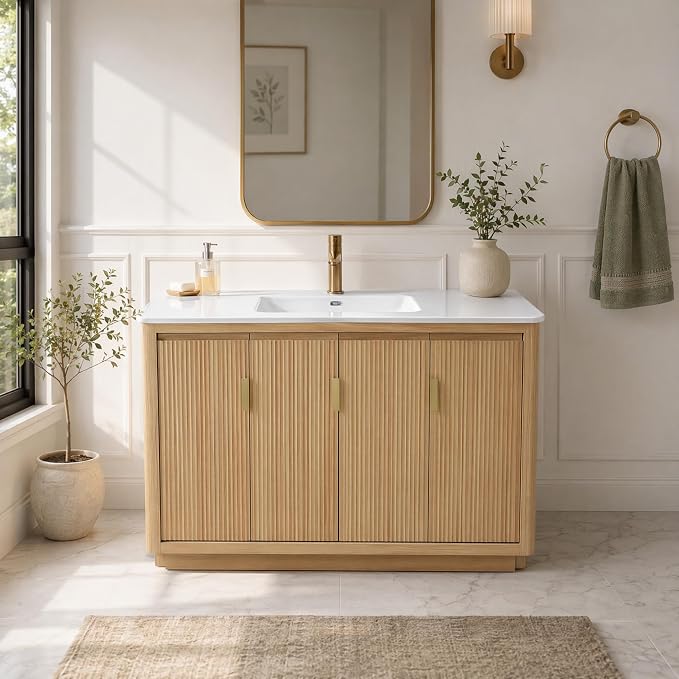 48 Inch Freestanding Bathroom Vanity with Ceramic Sink, Striped Vanity Cabinet with Four-Door Storage & Gold Pull Handles, Natural Wood