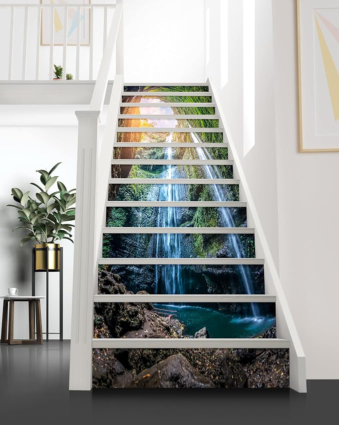 FLFK Waterfall Stair Stickers - Set of 15, Peel and Stick Stair Riser Decals, 39.3"x7.08"
