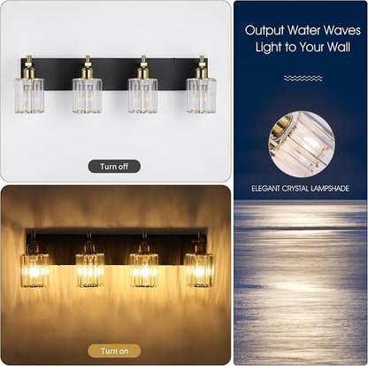 She's home 4 Light Crystal Vanity Lights for Bathroom - Black and Gold Modern Bathroom Vanity Lights Over Mirror 28 Inch, Bathroom Wall Lighting E26 Base