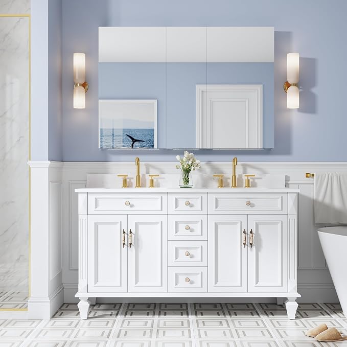52" x 36" Bathroom Medicine Cabinet with Mirror, Anodized Chrome Aluminum Frame, Surface Mount or Recessed Medicine Cabinet with Mirror, Bathroom Mirror with Storage, Three Doors
