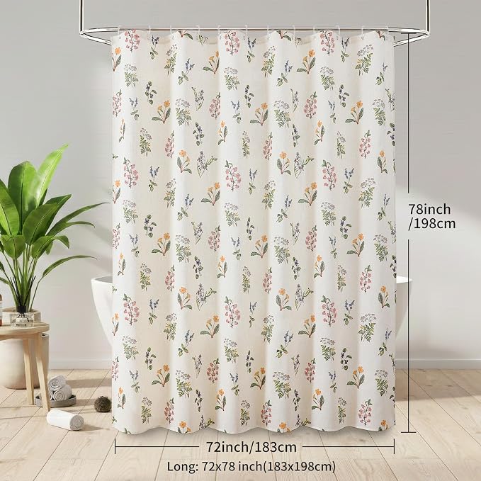 Colorful Star French Country Floral Linen Shower Curtain, 72" W x 78" L | Waterproof Shower Curtain Set with 12 Clear Hooks for Bathroom, Vintage Boho Farmhouse Linen Fabric Bathroom Curtains