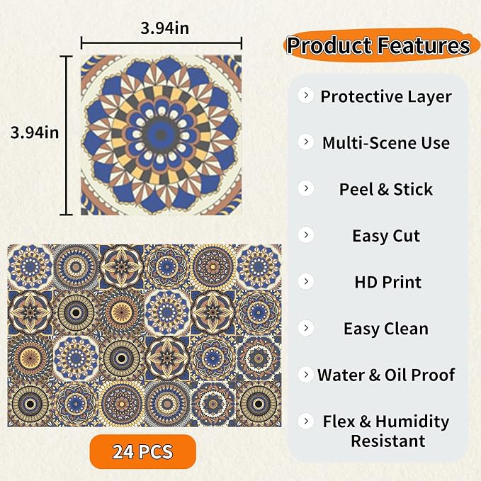 24 PCS Bohemian Floral PVC Peel and Stick Tile Stickers | for Kitchen Bathroom RV, Waterproof Self-Adhesive Removable Backsplash Decals, Easy DIY Upgrade, Smooth Surfaces, 3.94x3.94in