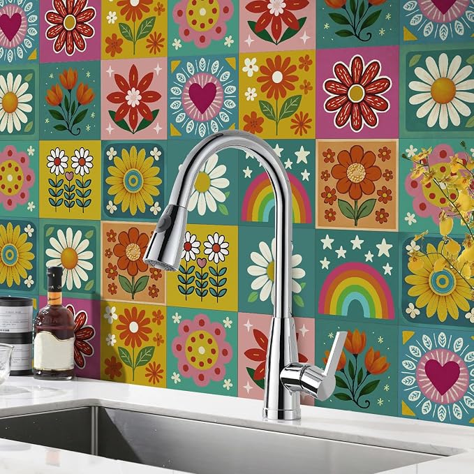 Easy Peel Stick wall Tile Stickers 6x6in Stick on backsplash Tiles,12Pcs | removable 3D tile for kitchen RV bathroom laundry backsplash decor,Ultra-high-definition printed sunflower&rainbow pattern
