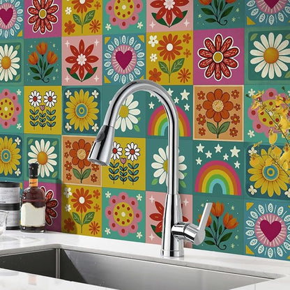 Easy Peel Stick wall Tile Stickers 6x6in Stick on backsplash Tiles,12Pcs | removable 3D tile for kitchen RV bathroom laundry backsplash decor,Ultra-high-definition printed sunflower&rainbow pattern