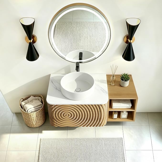 36" Floating Bathroom Vanity with Sink, Mid-Century Wall Mounted Bathroom Vanity Cabinet with Wood Waved Decor,Ceramic Vessel Basin and Sintered Stone Top, Soft Close Drawer, Side Open Cube