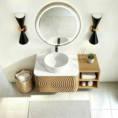 36" Floating Bathroom Vanity with Sink, Mid-Century Wall Mounted Bathroom Vanity Cabinet with Wood Waved Decor,Ceramic Vessel Basin and Sintered Stone Top, Soft Close Drawer, Side Open Cube