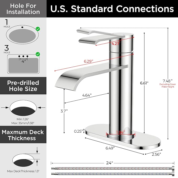 FORIOUS Waterfall Chrome Bathroom Faucet 1 Hole Rv Bathroom Sink Faucet Set | Single Handle Waterfall Bathroom Faucet Single Hole, Polished Chrome Faucet for Bathroom Sink One Hole with Plate and Drain