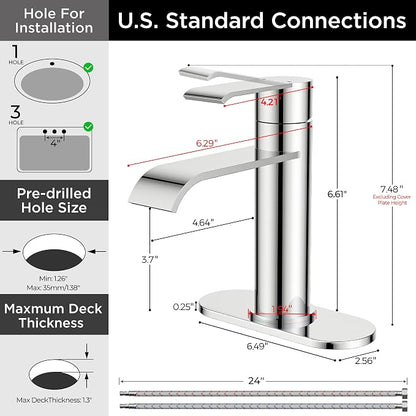 FORIOUS Waterfall Chrome Bathroom Faucet 1 Hole Rv Bathroom Sink Faucet Set | Single Handle Waterfall Bathroom Faucet Single Hole, Polished Chrome Faucet for Bathroom Sink One Hole with Plate and Drain
