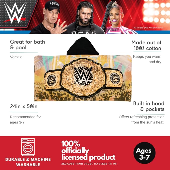 WWE Wrestling Kids Super Soft Bath/Pool/Beach Soft Cotton Terry Hooded Towel Wrap, 24 in x 50 in, (100% Officially Licensed Product) By Franco